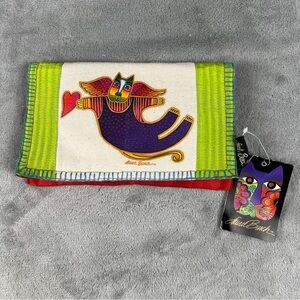 Laurel Burch Bifold Snap Wallet Cat Clutch Raw Silk Fabric Angel Wings Heart